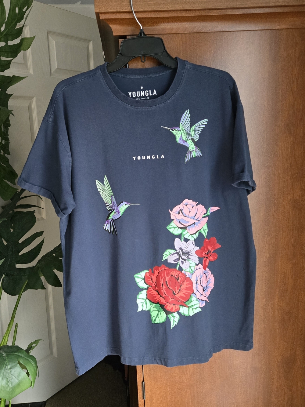 YoungLA Navy Tee with Hummingbird & Floral Print